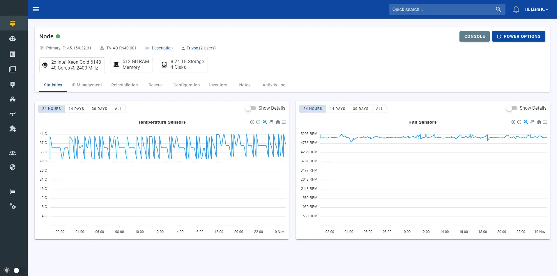 Dedicated server control panel preview