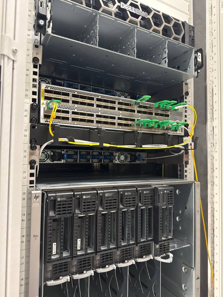 Fiber cabling and blade chassis work during a remote hands job