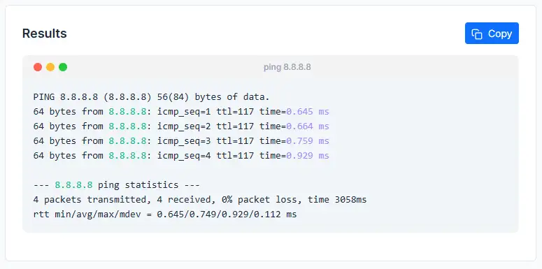 Ping test results